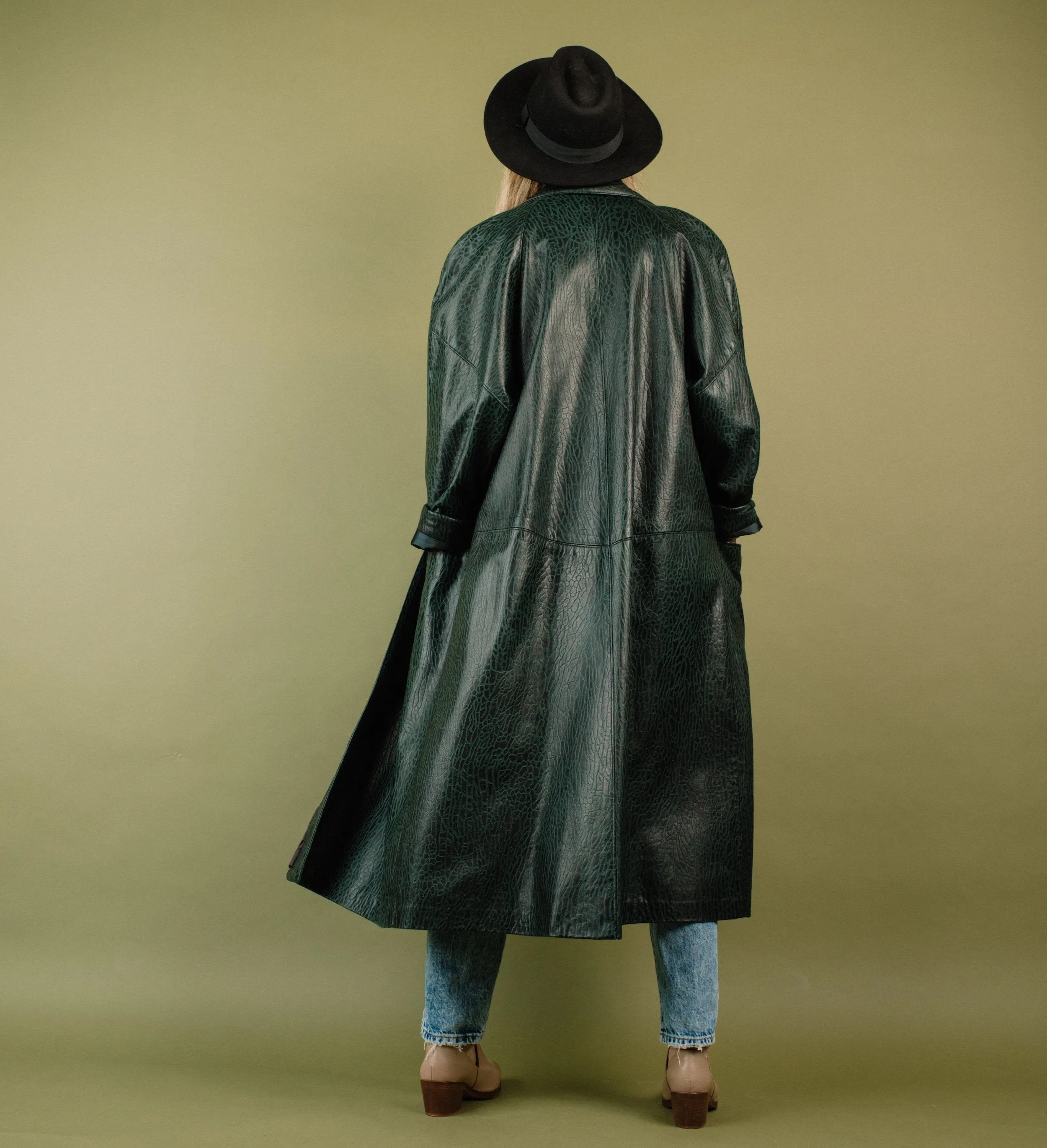 Vintage Oversized Black + Green Embossed Croc Leather Coat (S)