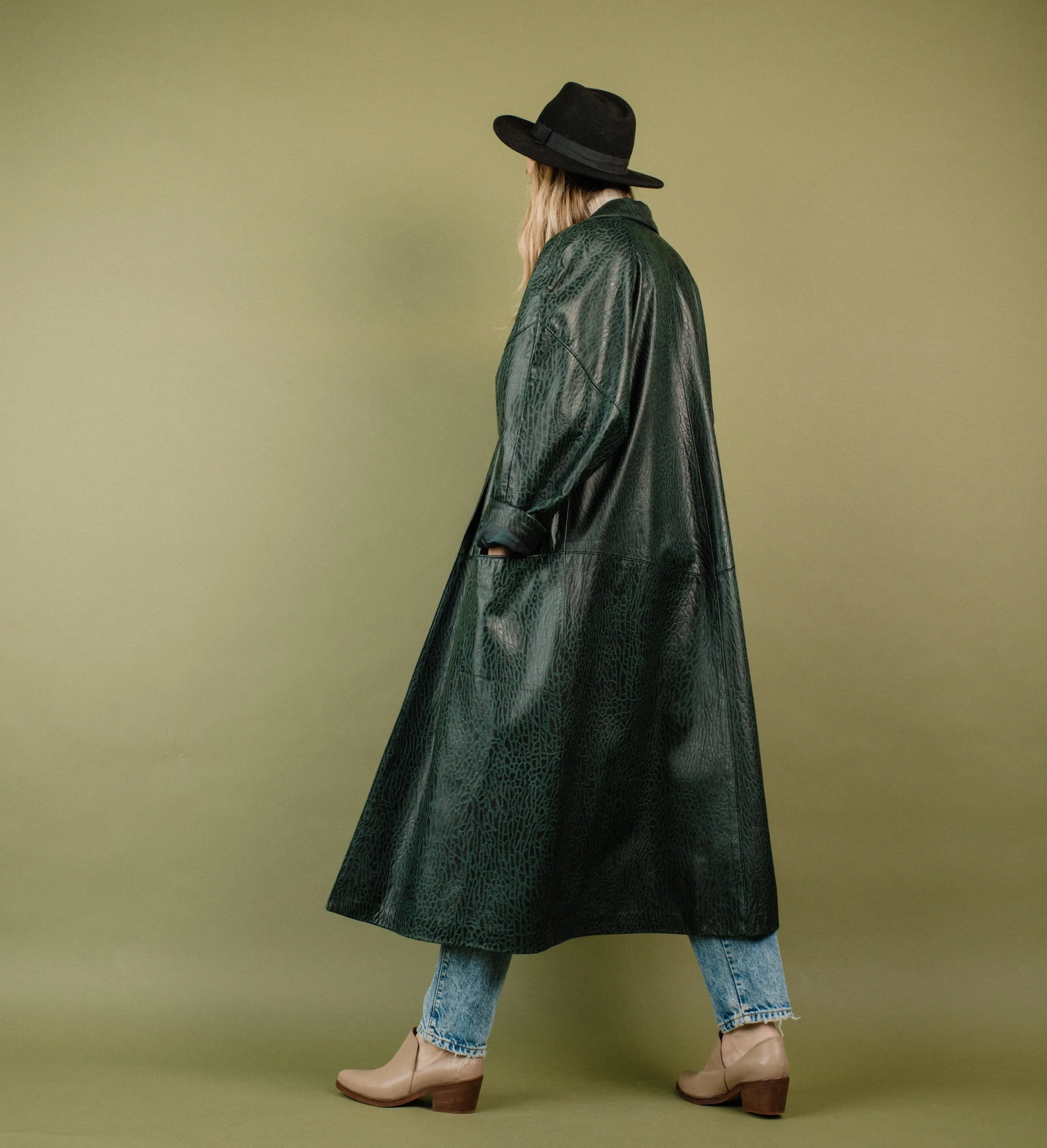 Vintage Oversized Black + Green Embossed Croc Leather Coat (S)