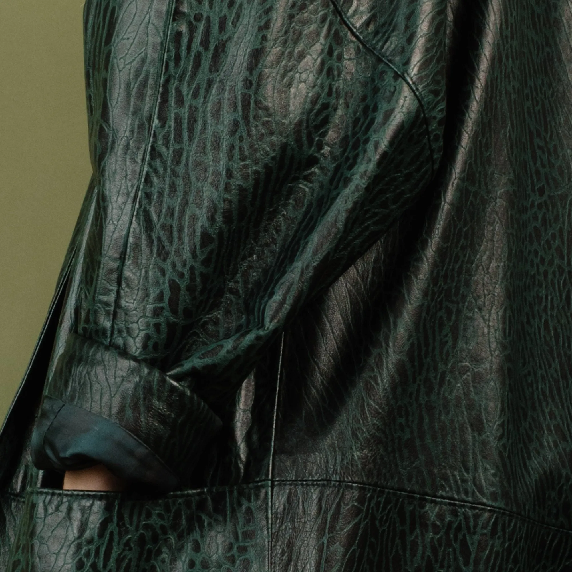 Vintage Oversized Black + Green Embossed Croc Leather Coat (S)