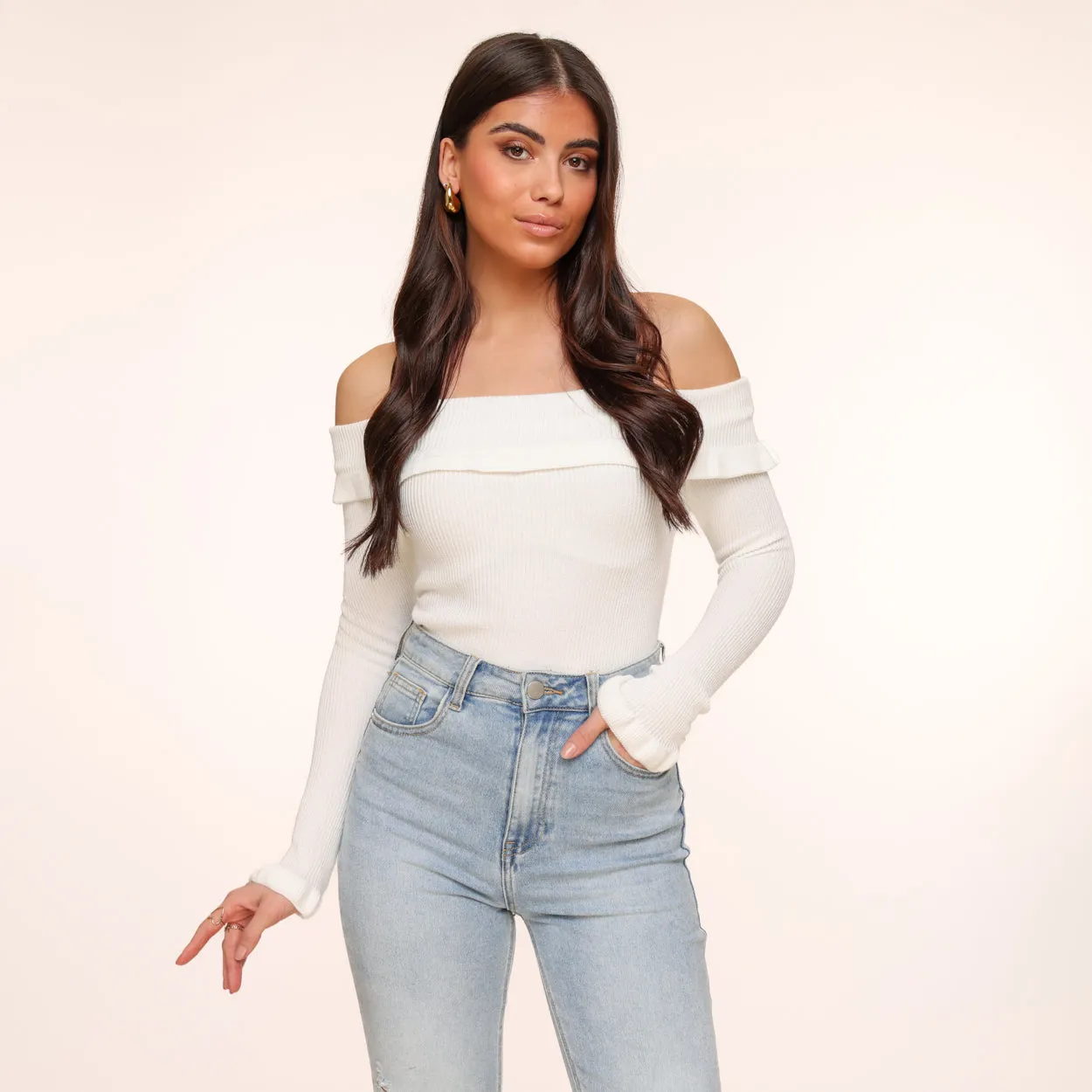 Witte Elastische Ruffel Off Shoulder - Top