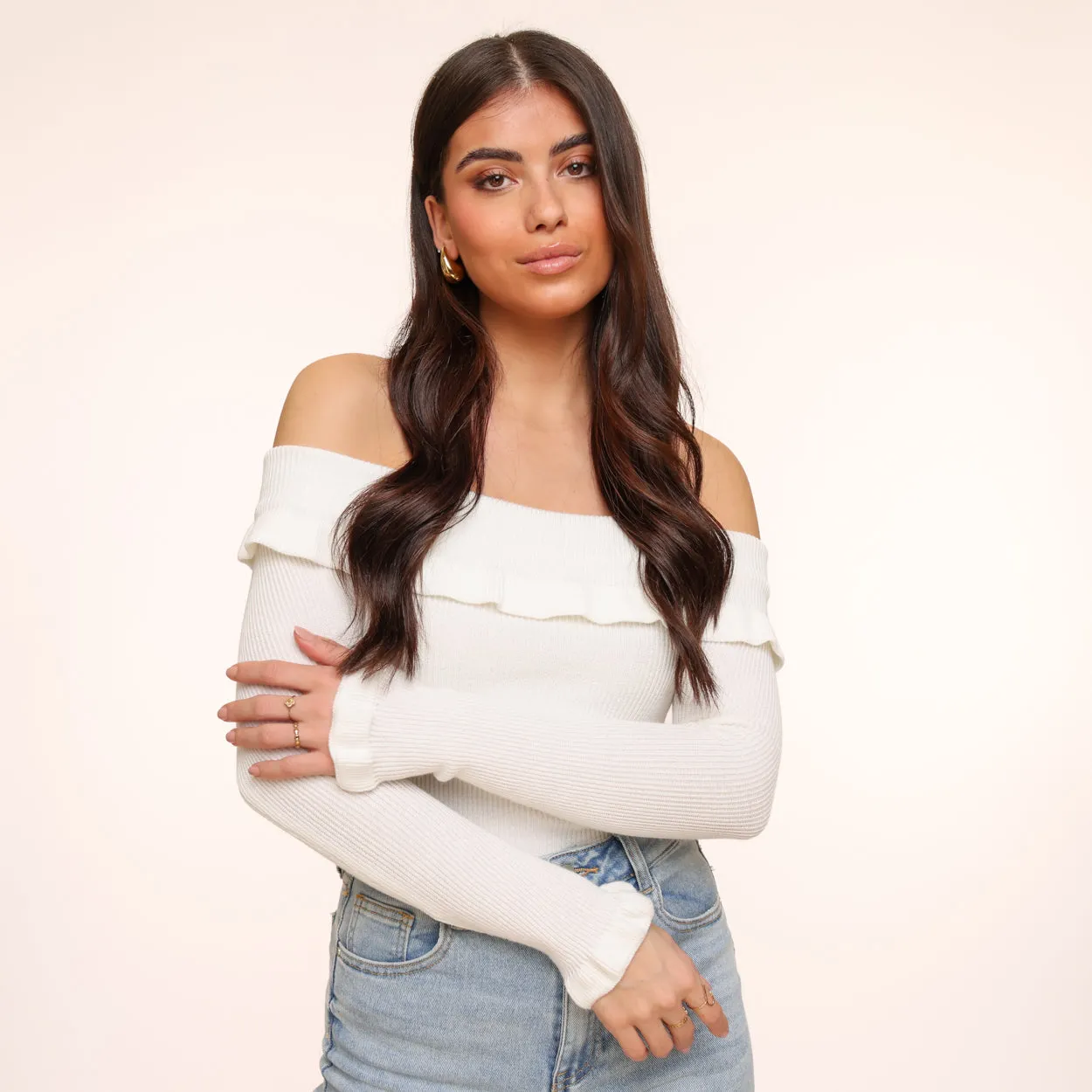 Witte Elastische Ruffel Off Shoulder - Top