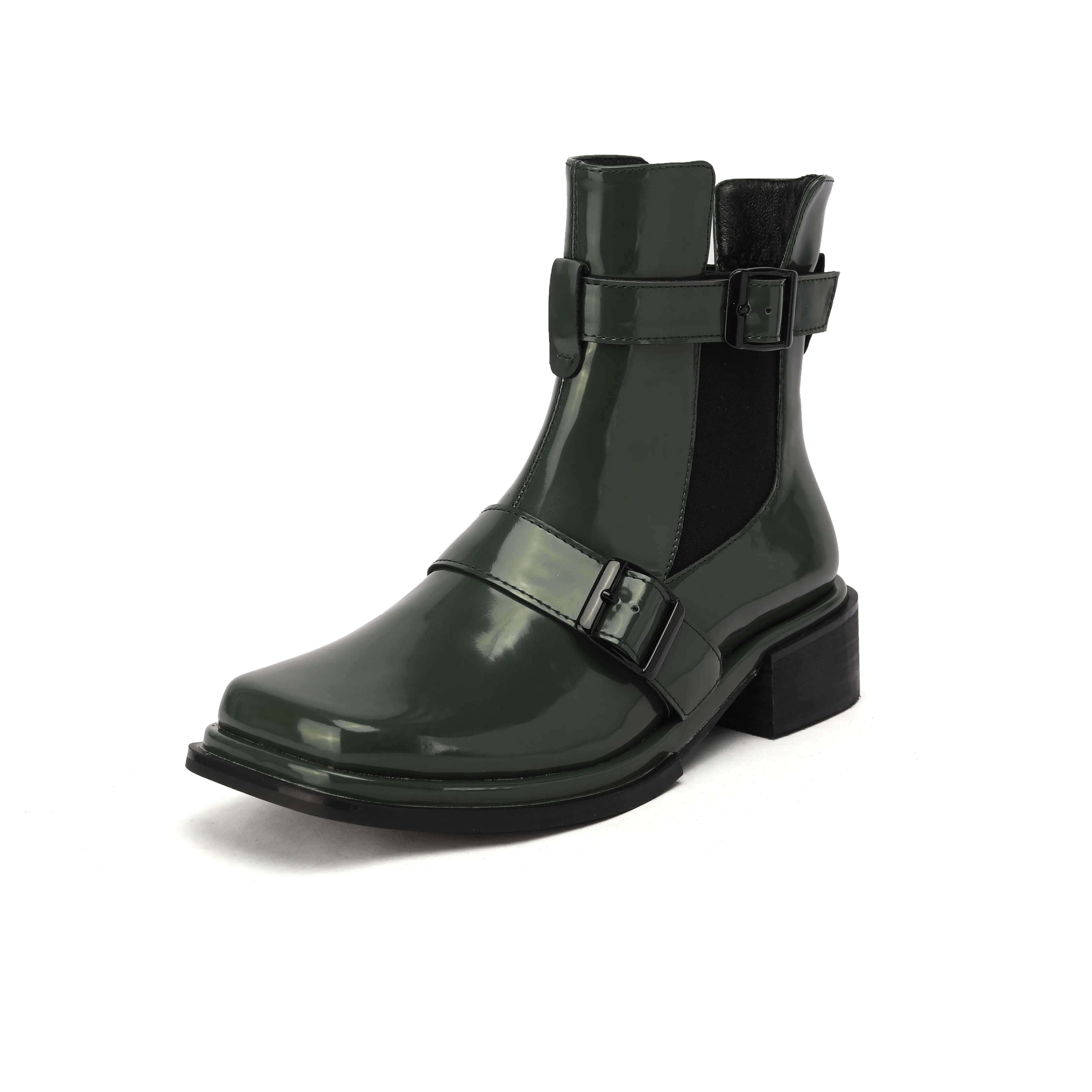 Women Square Toe Block Heel Martin Boots Green 