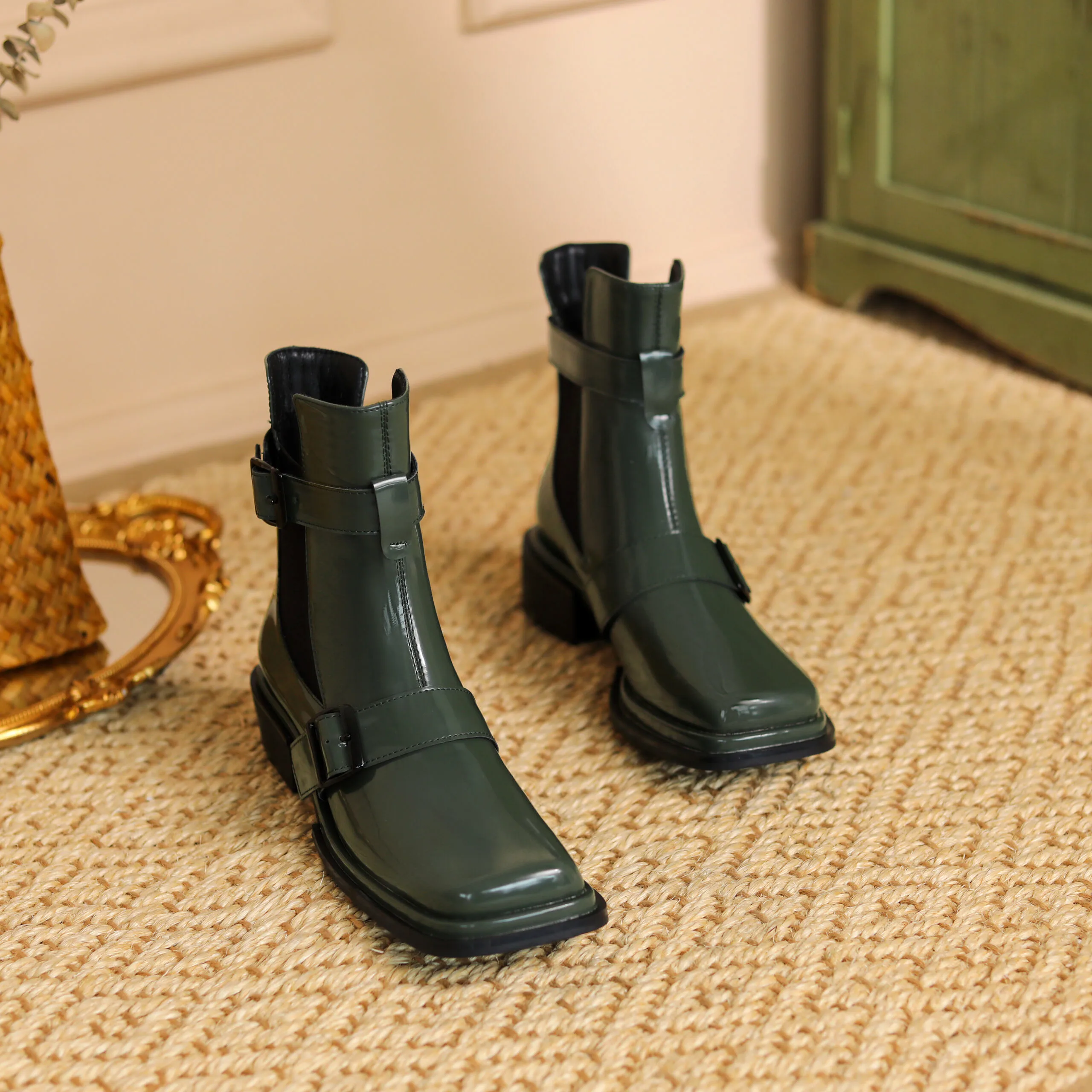 Women Square Toe Block Heel Martin Boots Green 