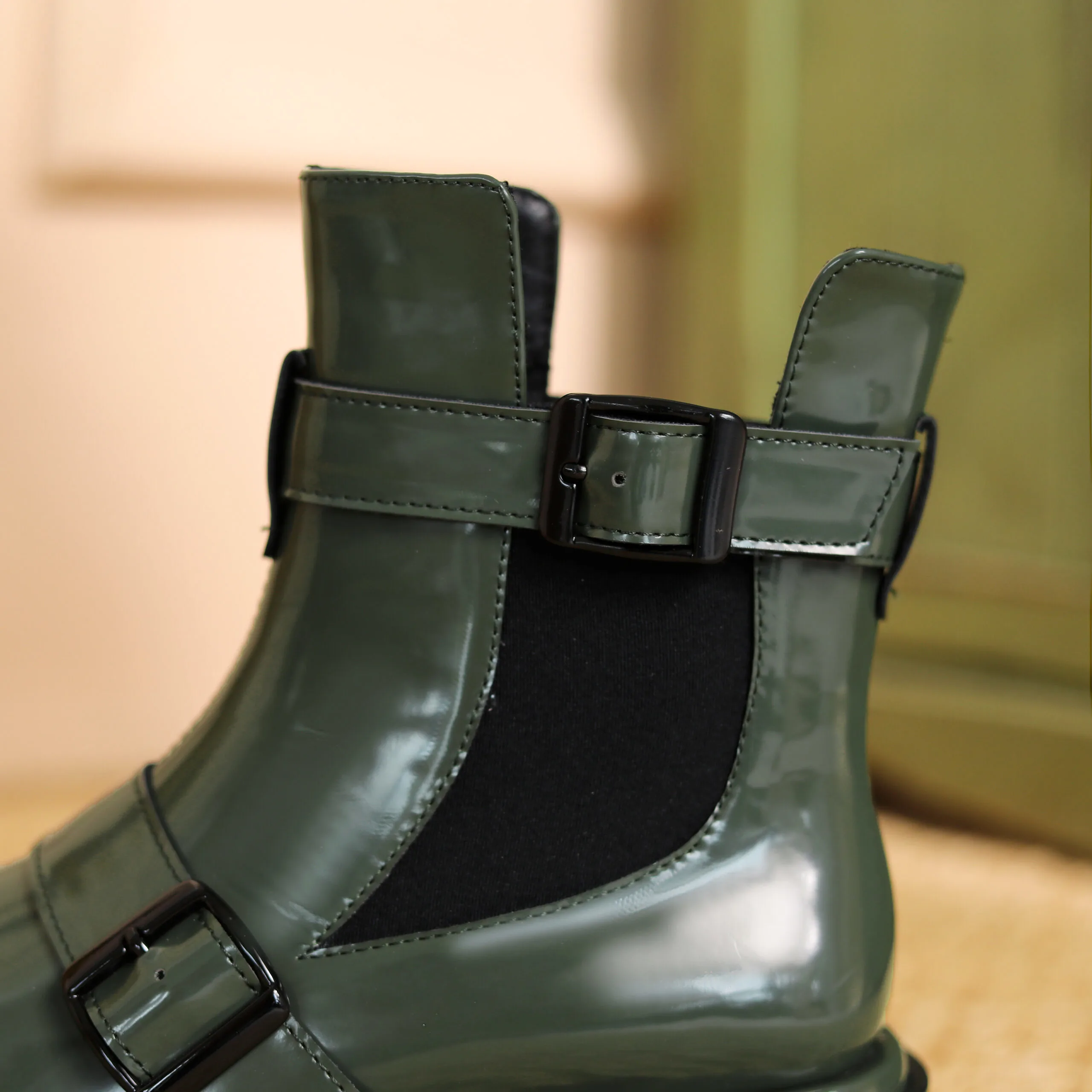 Women Square Toe Block Heel Martin Boots Green 