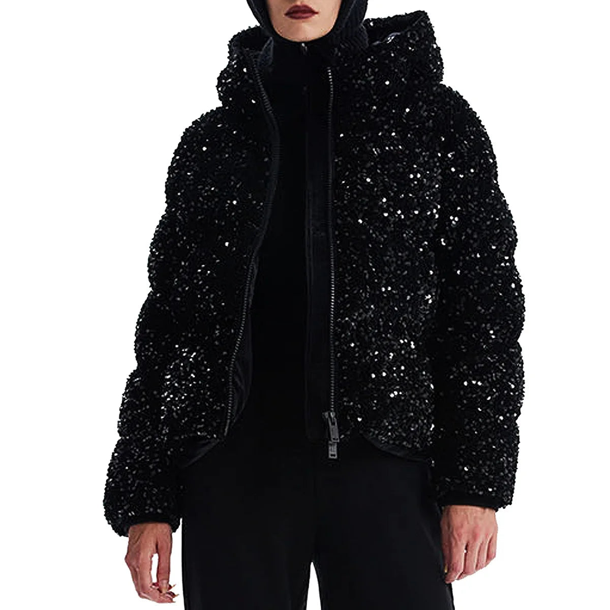 Women's Polyester Solid Pattern Sequins Decor Hooded Winter Coat