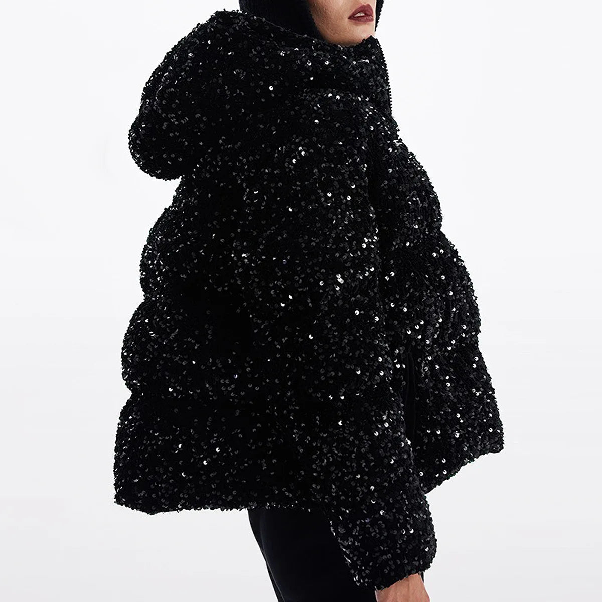 Women's Polyester Solid Pattern Sequins Decor Hooded Winter Coat