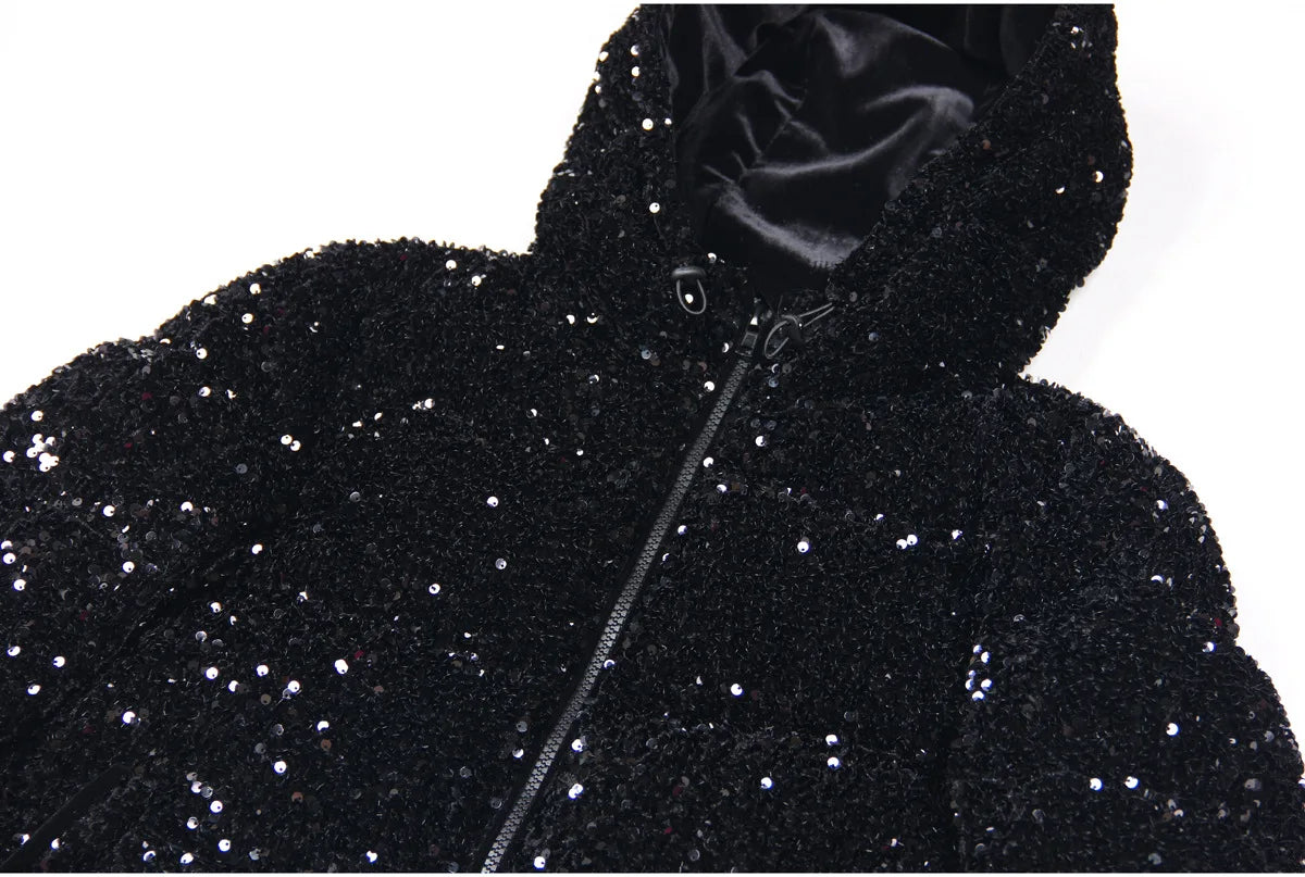 Women's Polyester Solid Pattern Sequins Decor Hooded Winter Coat