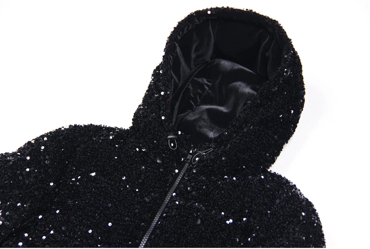 Women's Polyester Solid Pattern Sequins Decor Hooded Winter Coat