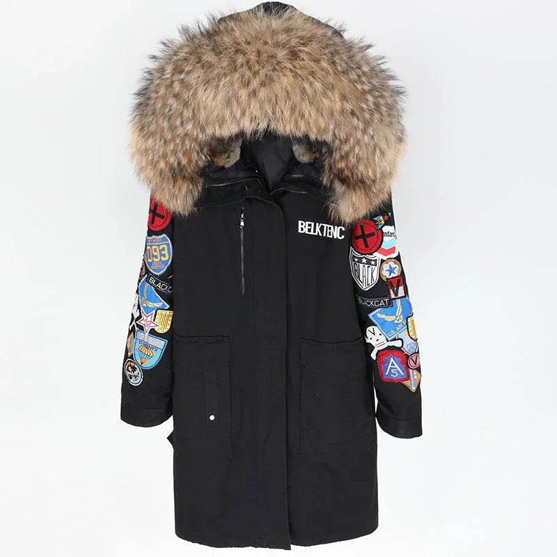 Women's Raccoon Fur Collar Embroidered Patchwork Hooded Winter Coat