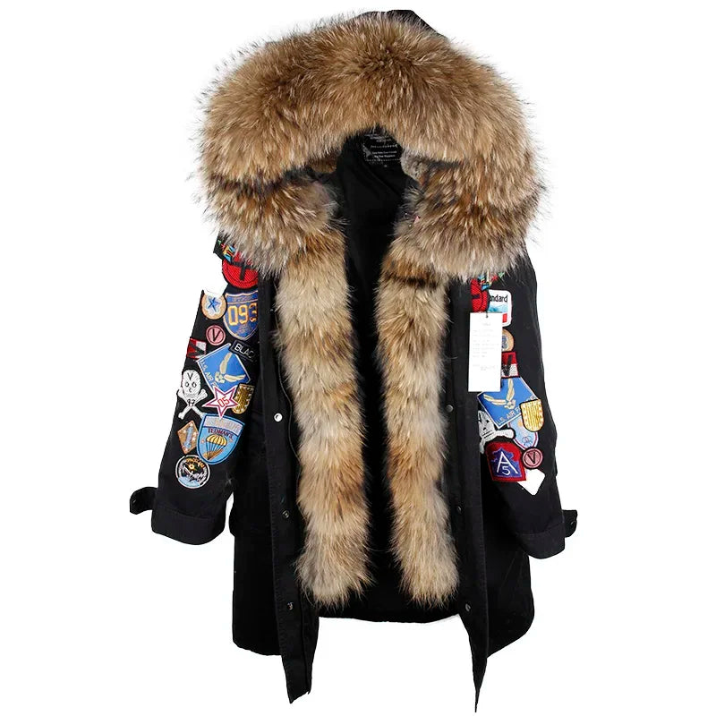 Women's Raccoon Fur Collar Embroidered Patchwork Hooded Winter Coat