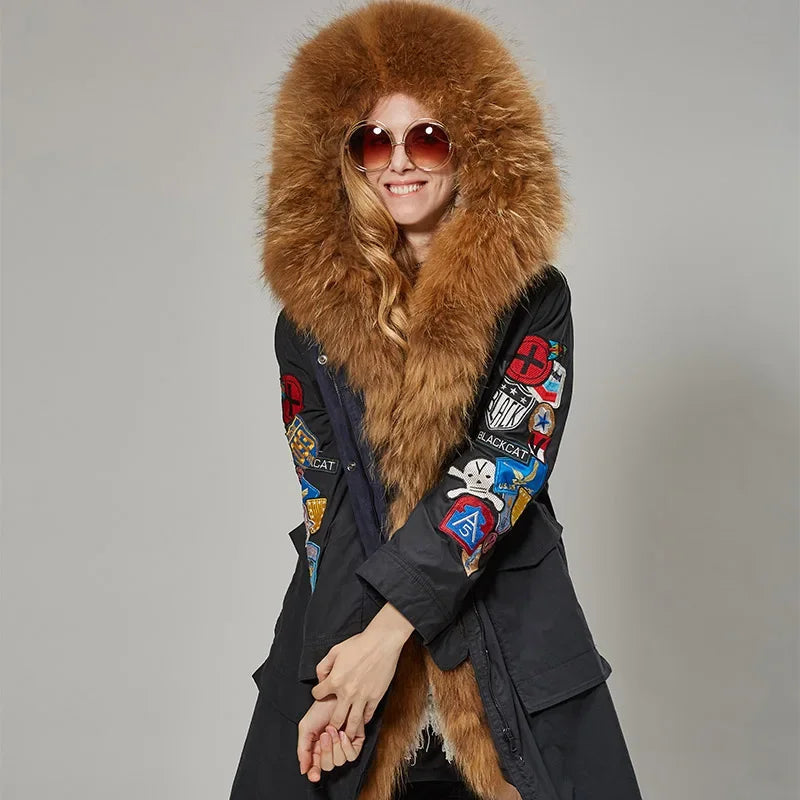 Women's Raccoon Fur Collar Embroidered Patchwork Hooded Winter Coat