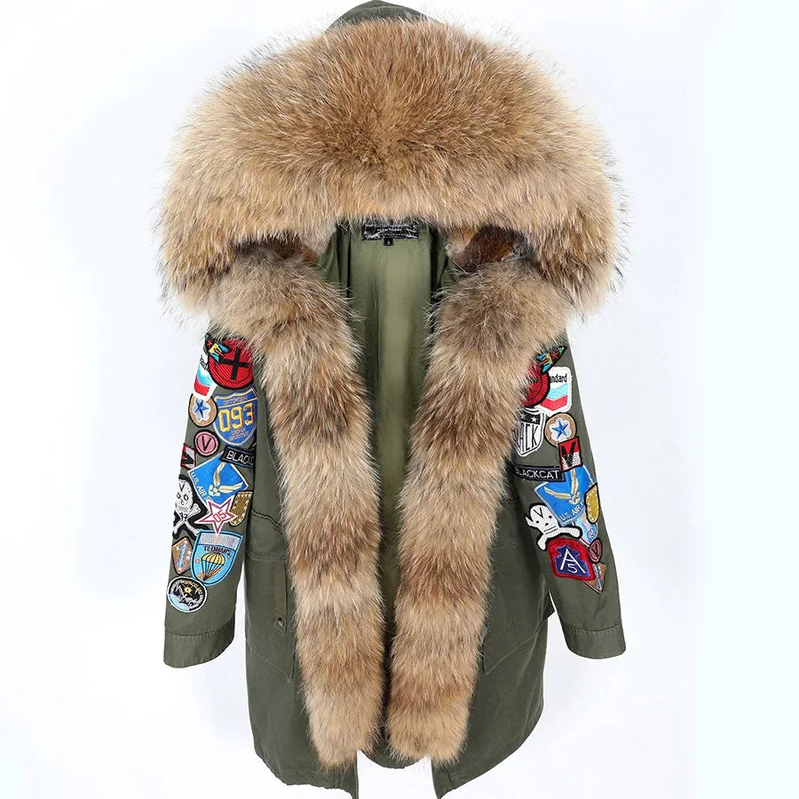 Women's Raccoon Fur Collar Embroidered Patchwork Hooded Winter Coat