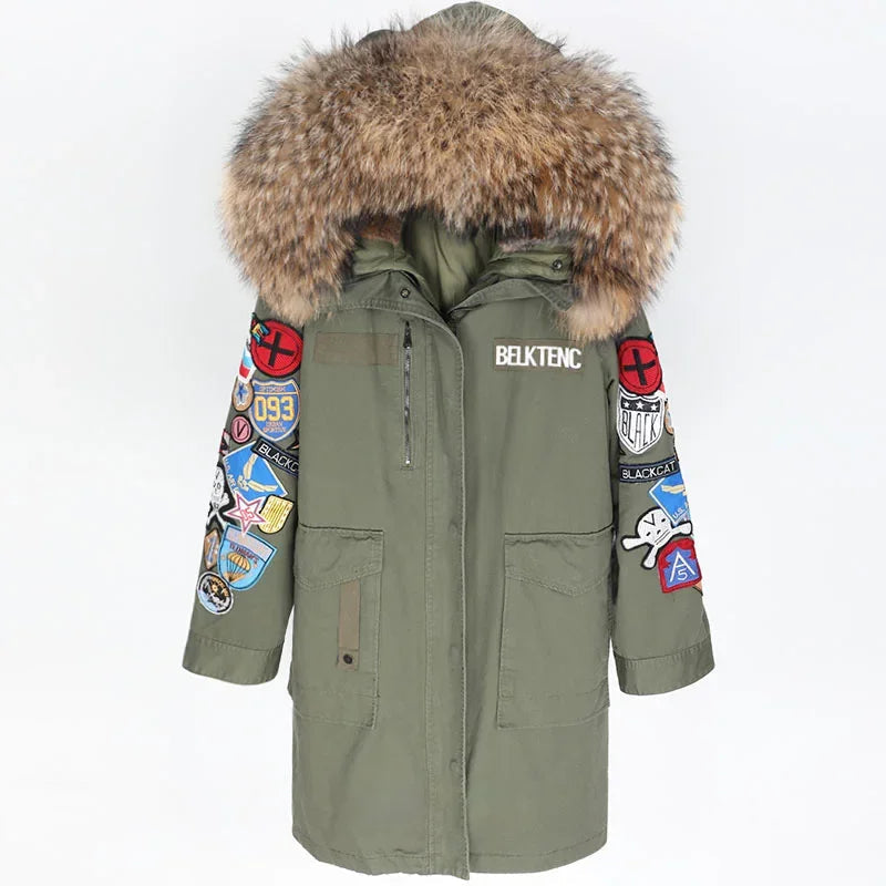 Women's Raccoon Fur Collar Embroidered Patchwork Hooded Winter Coat