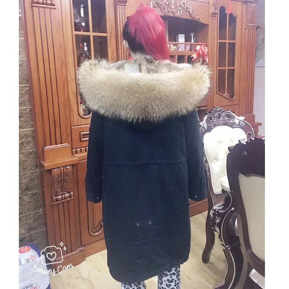 Women's Raccoon Fur Collar Embroidered Patchwork Hooded Winter Coat