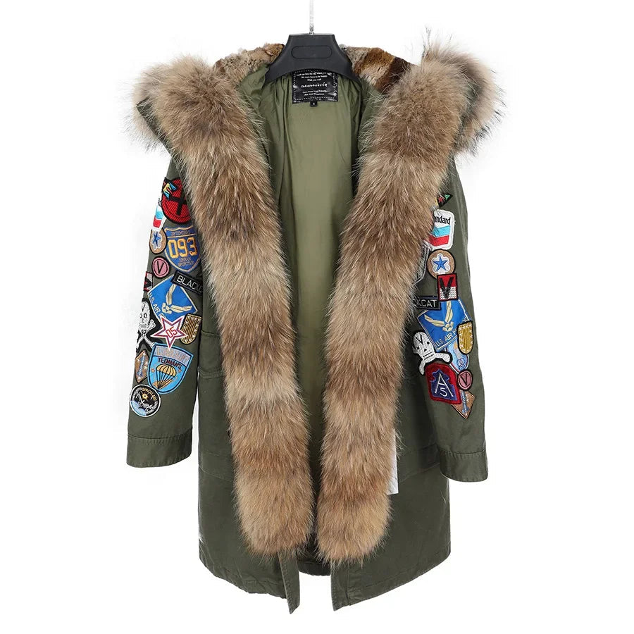 Women's Raccoon Fur Collar Embroidered Patchwork Hooded Winter Coat