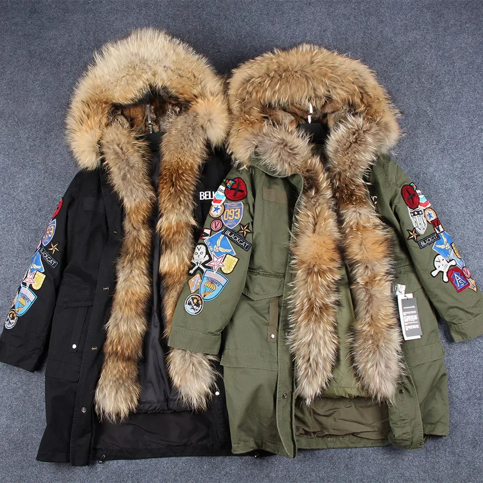 Women's Raccoon Fur Collar Embroidered Patchwork Hooded Winter Coat