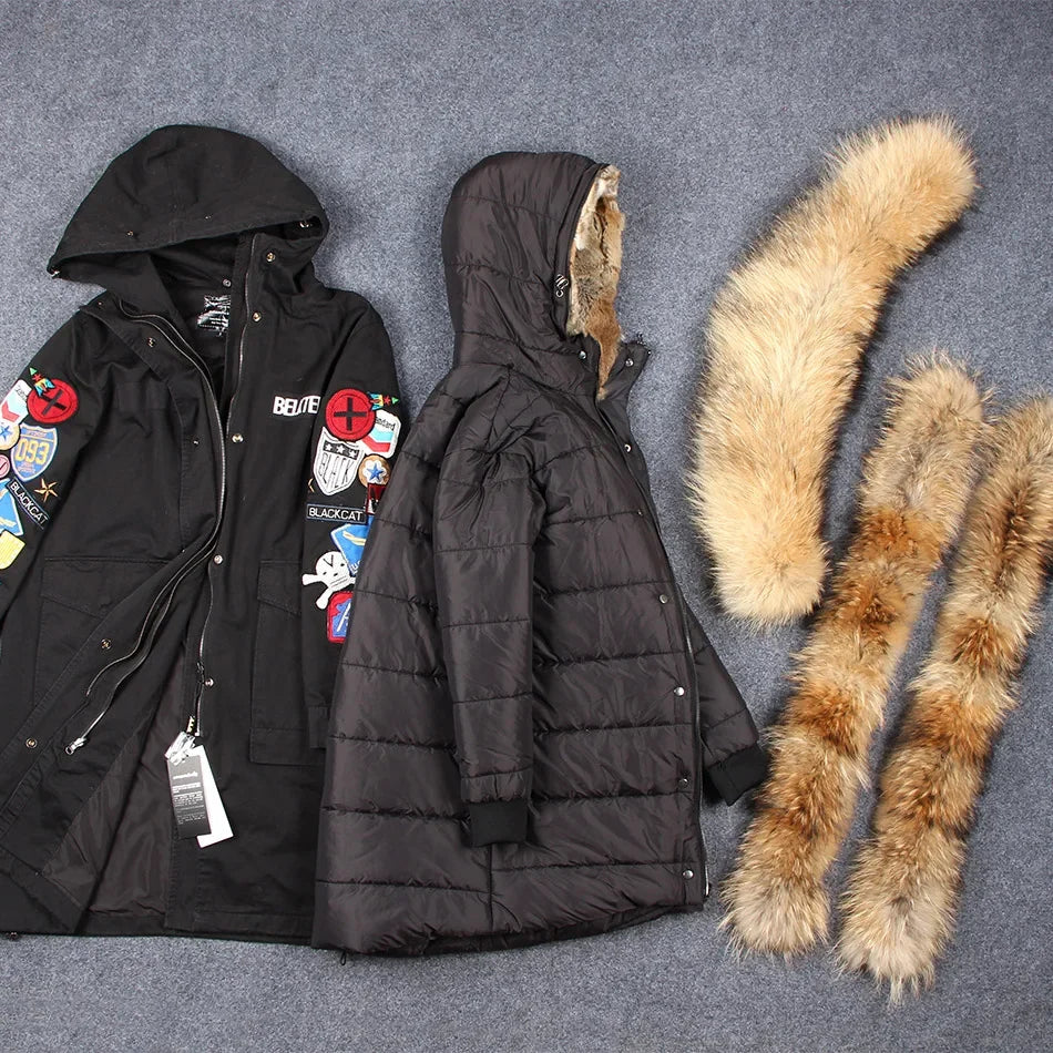 Women's Raccoon Fur Collar Embroidered Patchwork Hooded Winter Coat