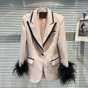 Women's Stylish Designer Color Block Feather Embellished Blazer Coat