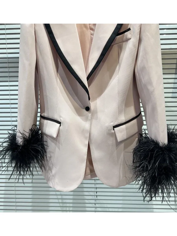 Women's Stylish Designer Color Block Feather Embellished Blazer Coat