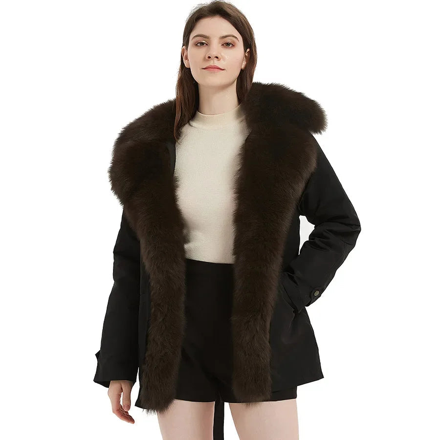 Women's Winter Thick Warm Fox Fur Collar Solid Pattern Long Coat