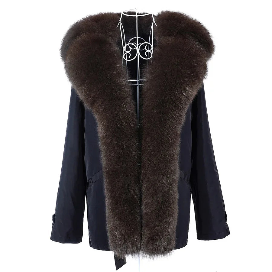 Women's Winter Thick Warm Fox Fur Collar Solid Pattern Long Coat