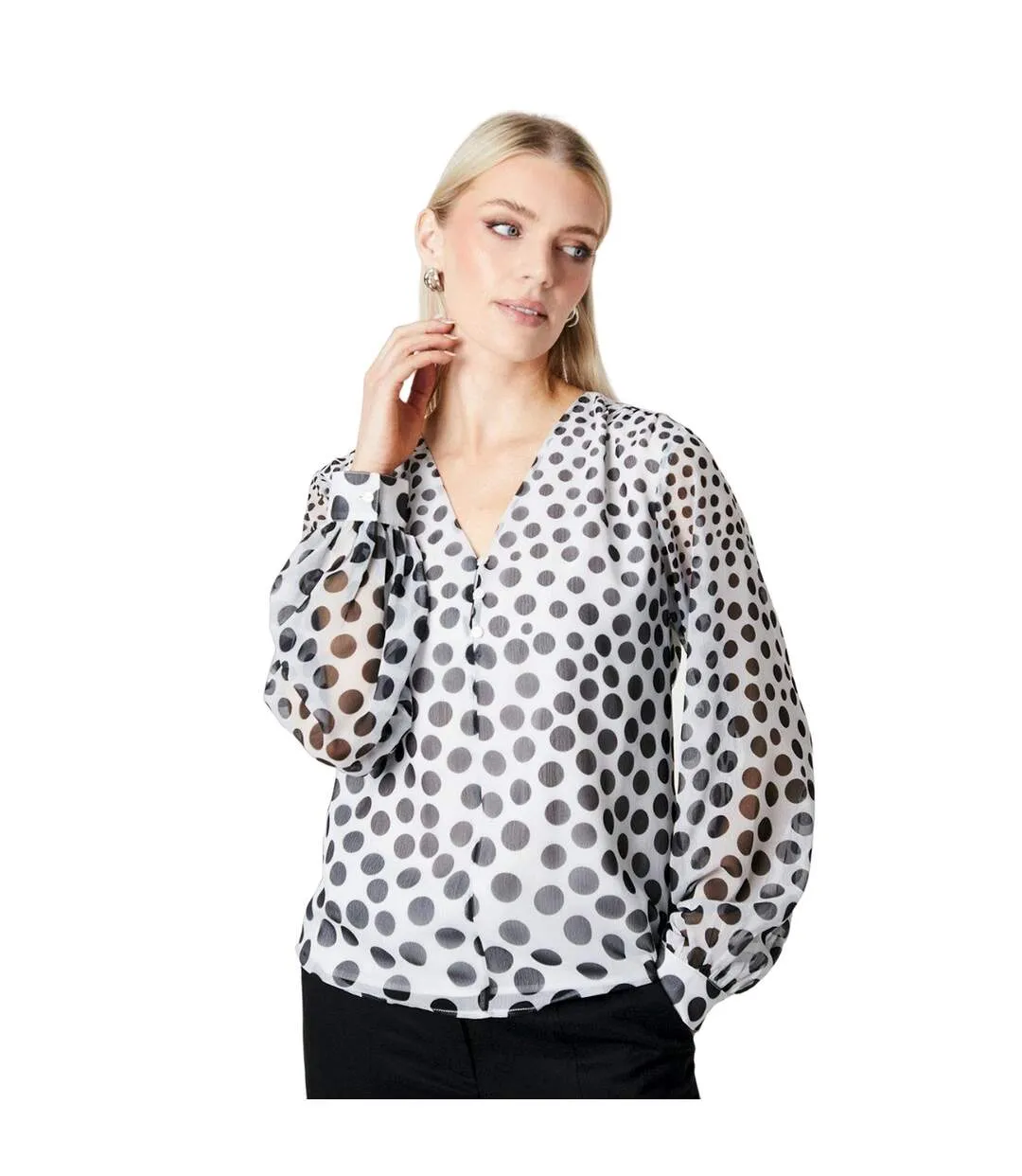 Womens/ladies border spot v neck top white/black Principles