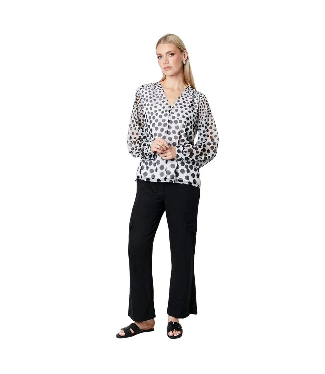 Womens/ladies border spot v neck top white/black Principles